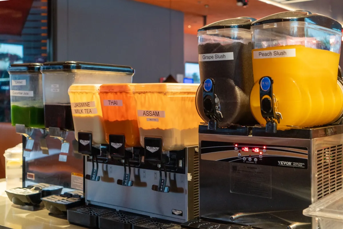 Self-serve milk tea Thai tea and slush drink station at Kazan BBQ South Gate