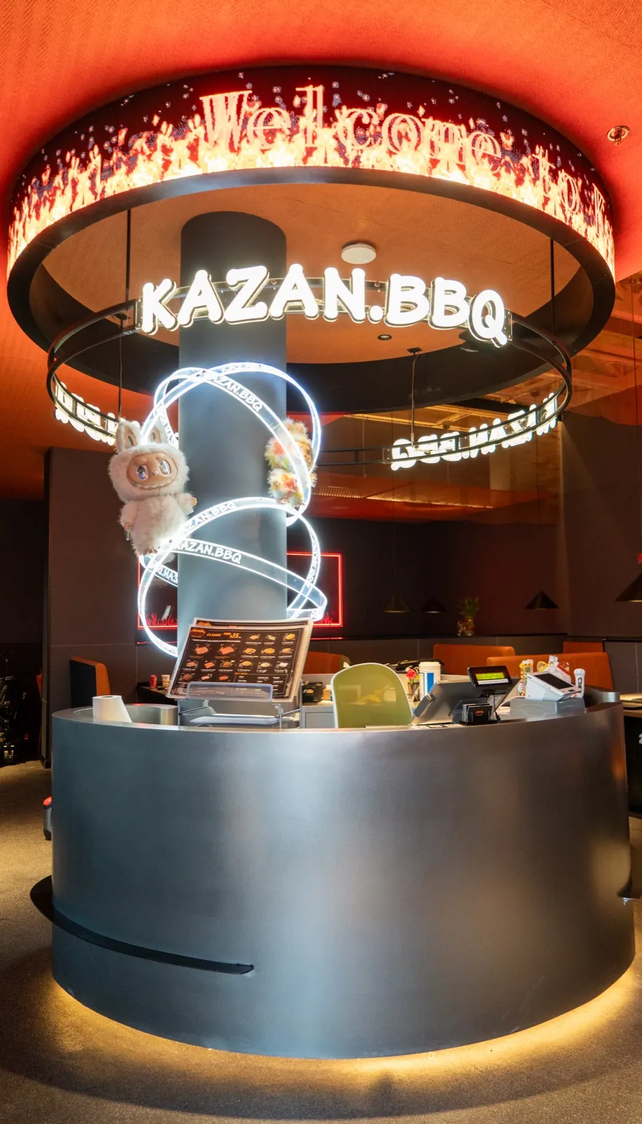 Kazan BBQ restaurant entrance with neon logo sign in South Gate CA